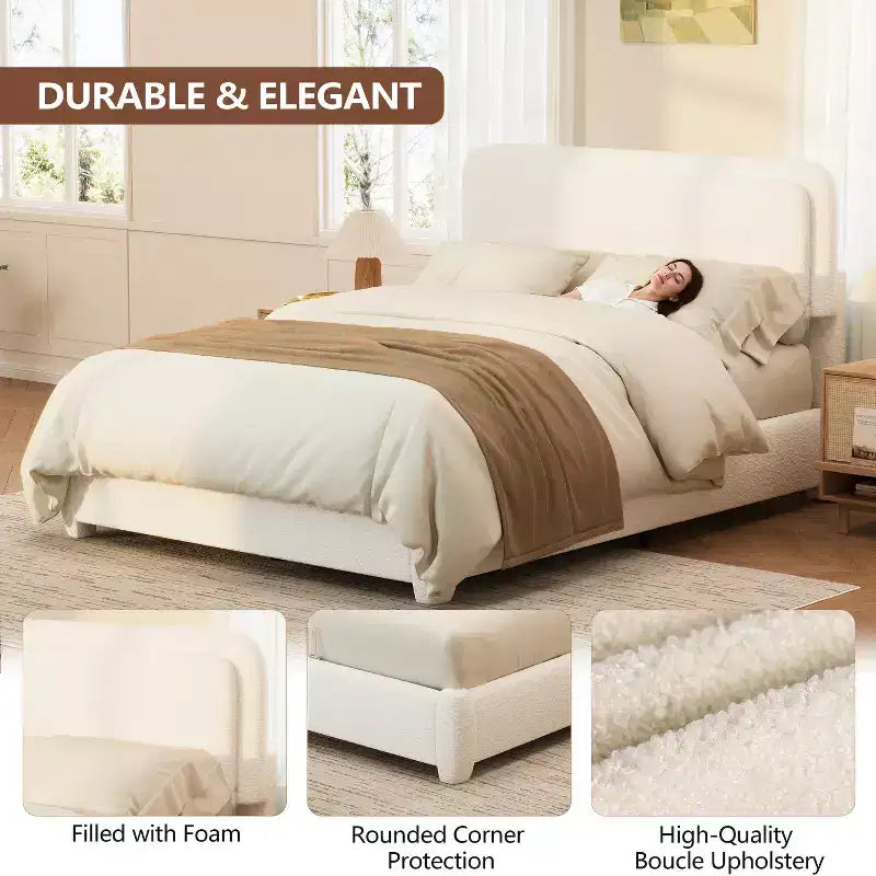 Letto a piattaforma moderno rivestito in Bouclé con testiera curva regolabile