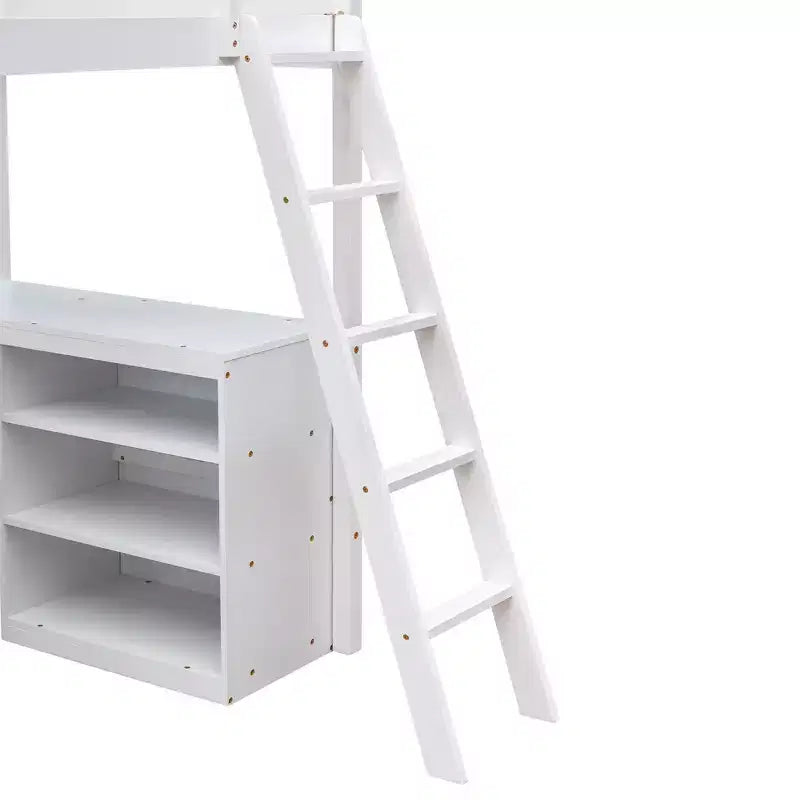 Letto a soppalco moderno singolo con scrivania integrata e mensole contenitore