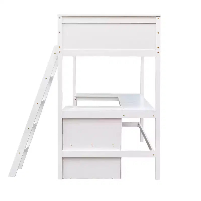 Letto a soppalco moderno singolo con scrivania integrata e mensole contenitore