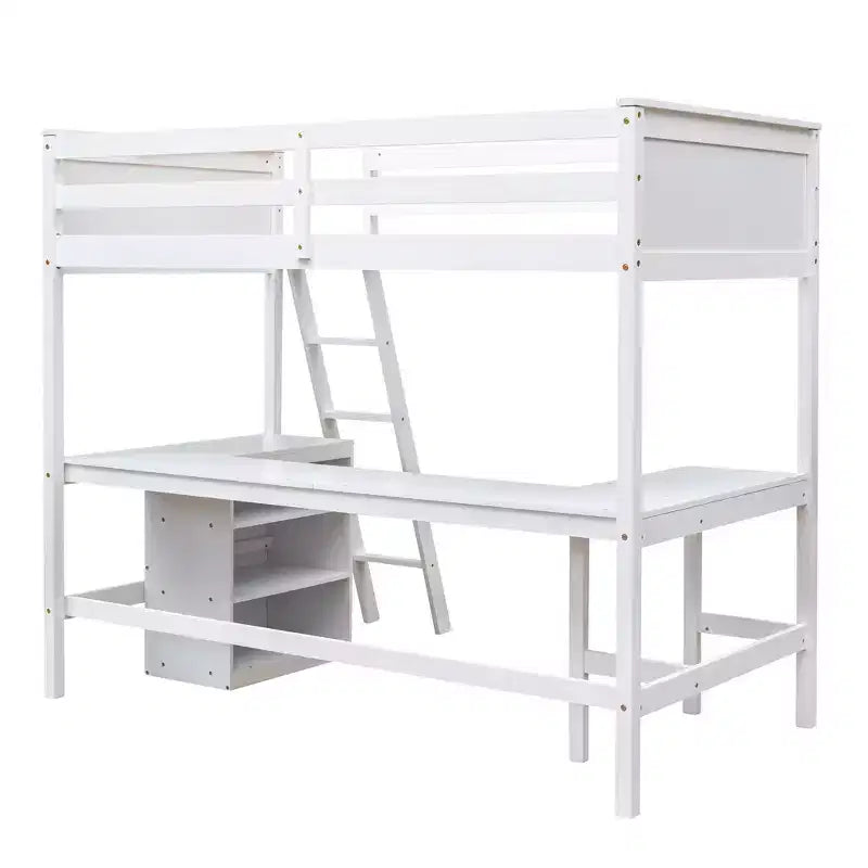 Letto a soppalco moderno singolo con scrivania integrata e mensole contenitore