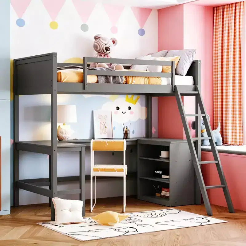 Letto a soppalco moderno singolo con scrivania integrata e mensole contenitore