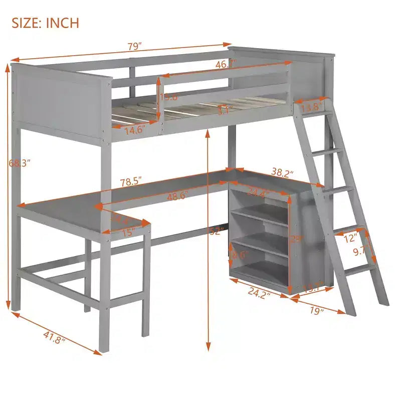 Letto a soppalco moderno singolo con scrivania integrata e mensole contenitore