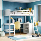 Letto a soppalco moderno singolo con scrivania integrata e mensole contenitore