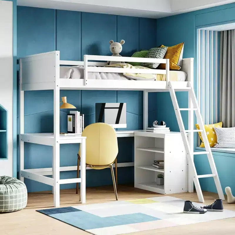Letto a soppalco moderno singolo con scrivania integrata e mensole contenitore