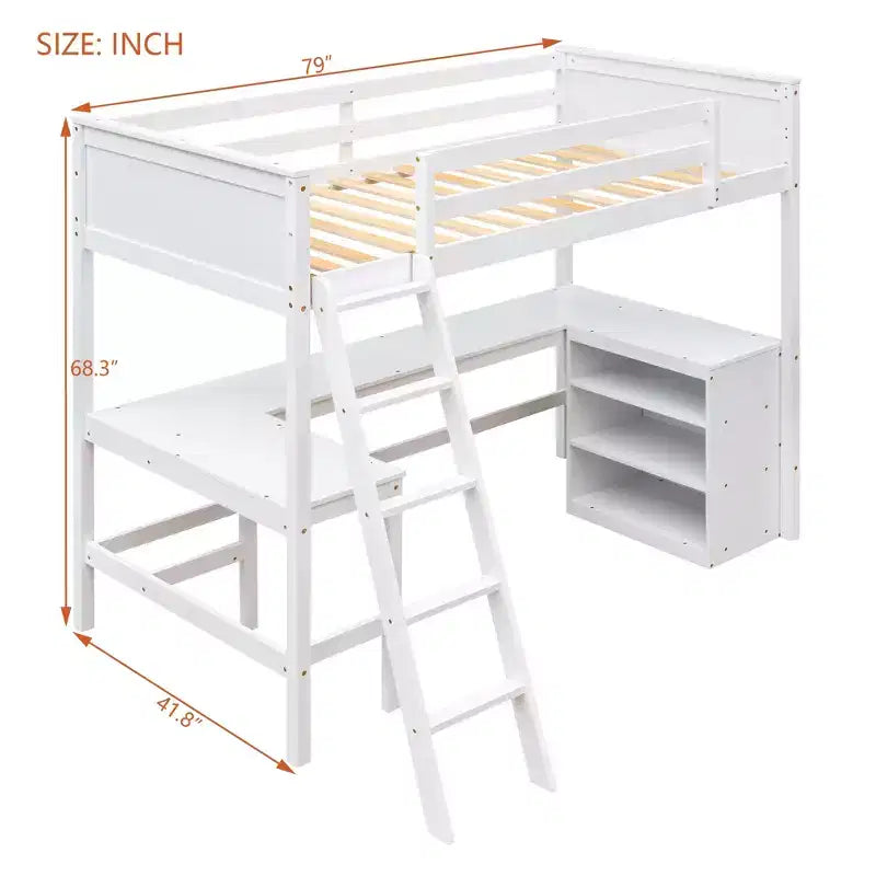 Letto a soppalco moderno singolo con scrivania integrata e mensole contenitore
