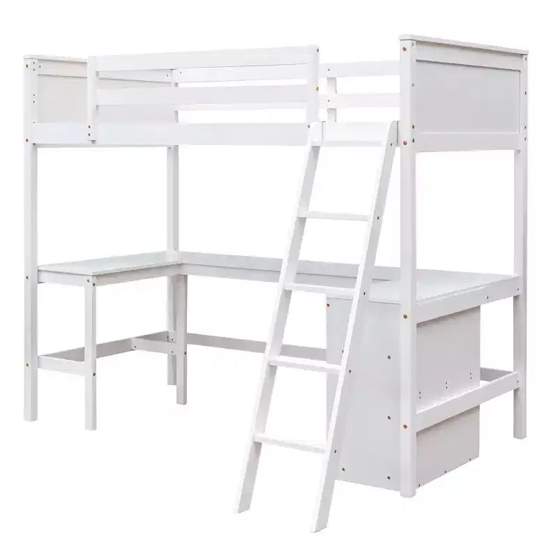 Letto a soppalco moderno singolo con scrivania integrata e mensole contenitore