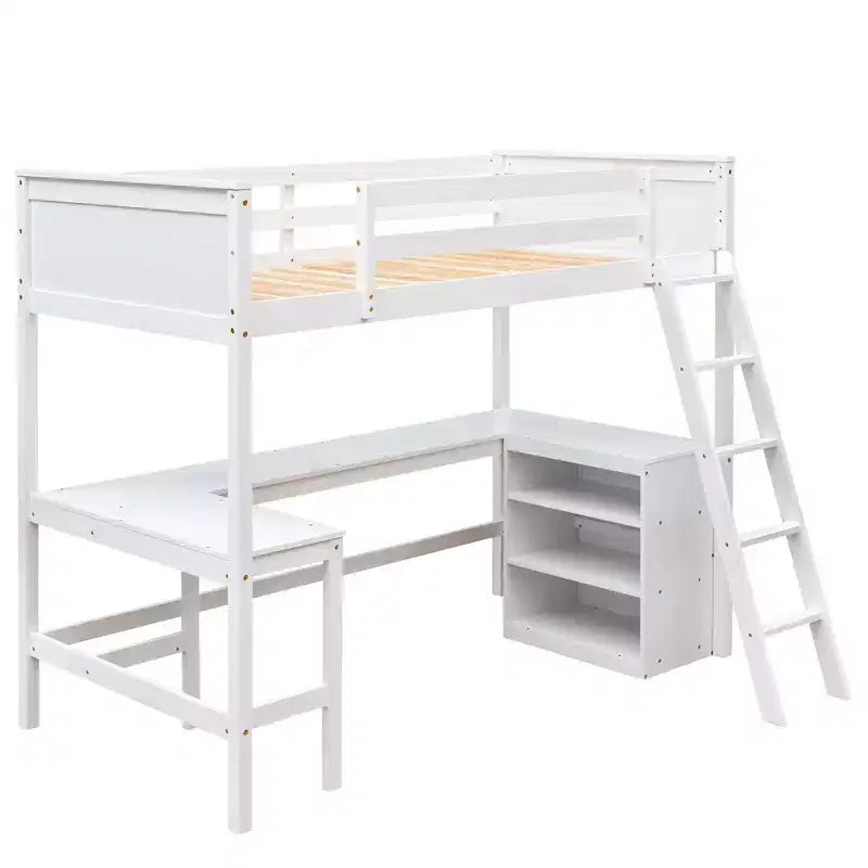 Letto a soppalco moderno singolo con scrivania integrata e mensole contenitore