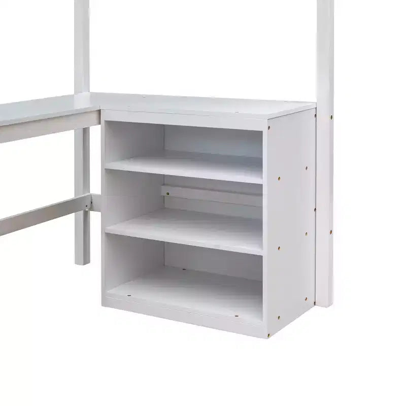 Letto a soppalco moderno singolo con scrivania integrata e mensole contenitore