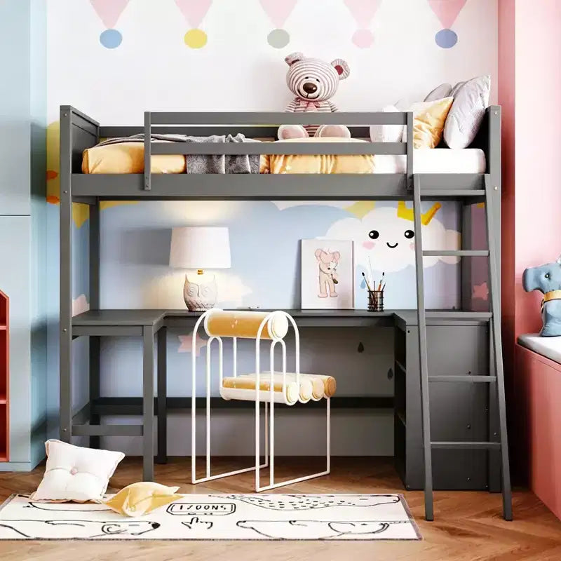 Letto a soppalco moderno singolo con scrivania integrata e mensole contenitore