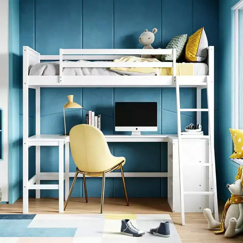 Letto a soppalco moderno singolo con scrivania integrata e mensole contenitore