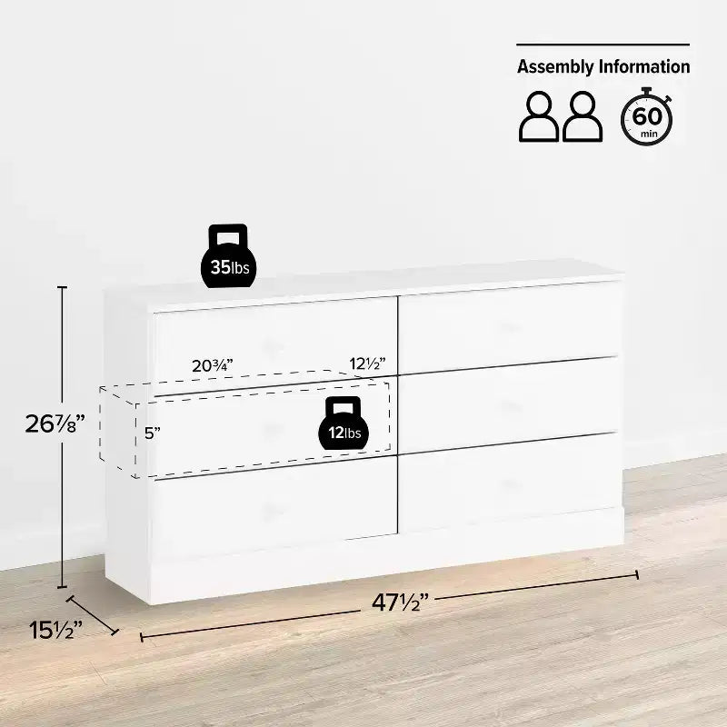 Comò doppio a 6 cassetti da 26,85" per camera da letto, cassettiera larga per camera da letto bianca