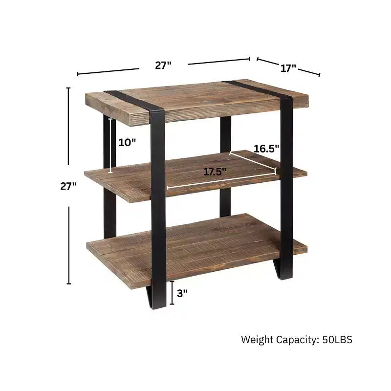 Tavolino da divano a 2 ripiani largo 27" con cinghie in metallo, legno: design rustico industriale, struttura nera