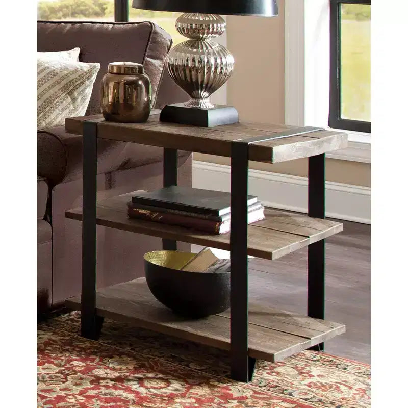 Tavolino da divano a 2 ripiani largo 27" con cinghie in metallo, legno: design rustico industriale, struttura nera