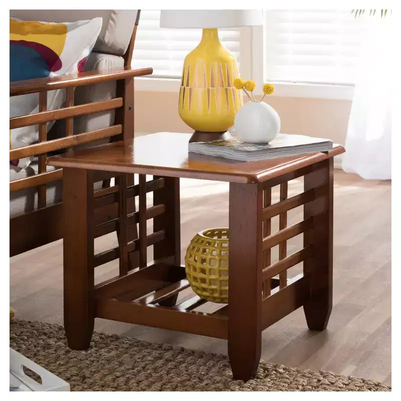 Tavolino occasionale di fine corsa in stile missione classico moderno per soggiorno, marrone ciliegia: tavolino quadrato in legno di gomma con ripiano
